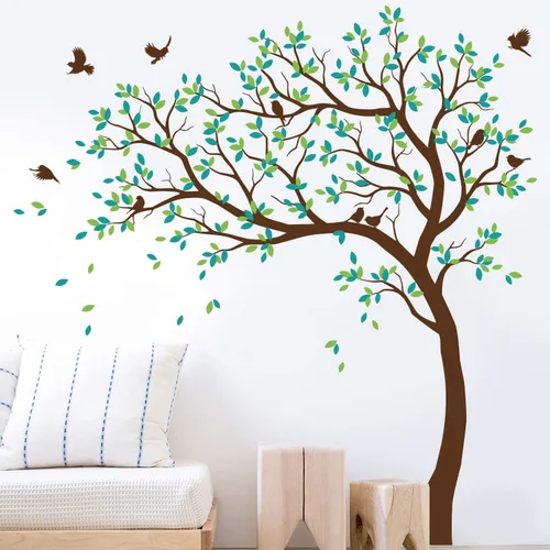 Vista 10 de Calcomanías de pared para árbol grande, calcomanías de árbol inclinado con pájaros, mural de vinilo decorativo KW032