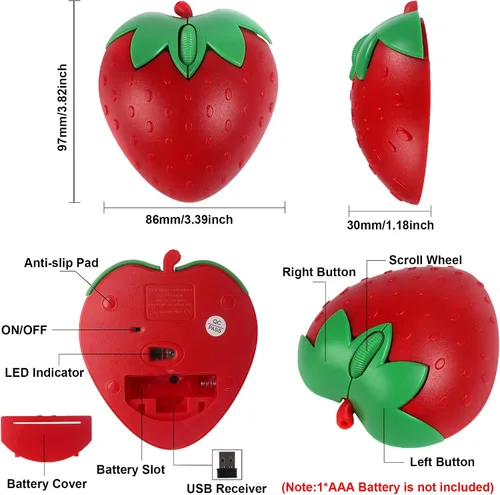 Vista 16 de Ratón inalámbrico Bluetooth con forma de fresa de fruta linda 2.4 GHz y Bluetooth 1000 DPI Ratones ópticos para computadora con receptor USB, mouse