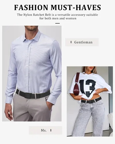 Vista 6 de AWAYTR Cinturón de trinquete de nailon para hombre, sin agujeros, cinturón de tela casual con hebilla de metal deslizante para jeans y golf