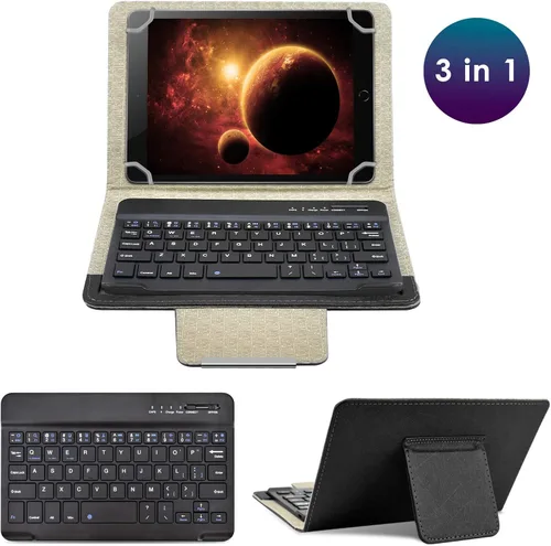 Vista 3 de DETUOSI Funda universal para tableta Android de 8.0 pulgadas con teclado, teclado Bluetooth inalámbrico extraíble + funda de piel sintética +