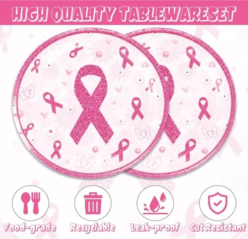 Vista 2 de 48 piezas de decoraciones para fiesta del cáncer de mama incluyen platos, servilletas, decoraciones para fiesta libres de cáncer para servir a 24