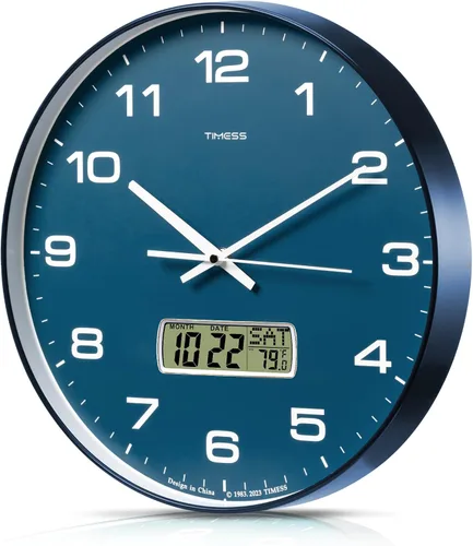 Vista 18 de Reloj de pared TIMESS, de 14" con gran esfera silenciosa y sin tictac, funciona con pilas, analógico con pantalla LCD para calendario perpetuo