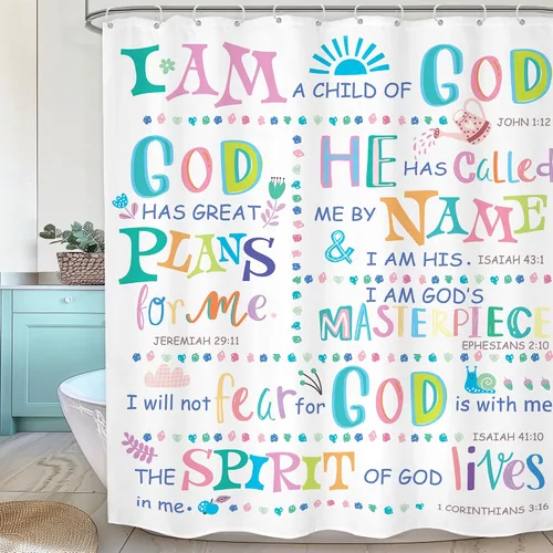 Vista 11 de Cortina de ducha cristiana con versos bíblicos para niños, baño, 48 pulgadas de ancho x 71 pulgadas de alto, pequeña cabina, escrituras