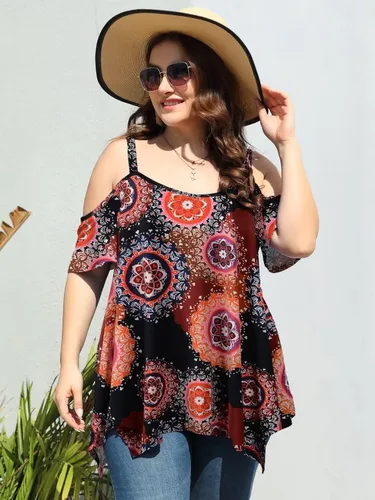Vista 2 de LARACE Blusas de Hombros Descubiertos para Mujeres Ropa de Verano Tirantes Espagueti Túnica Camisas Holgadas Asimétricas Talla Grande Blusa