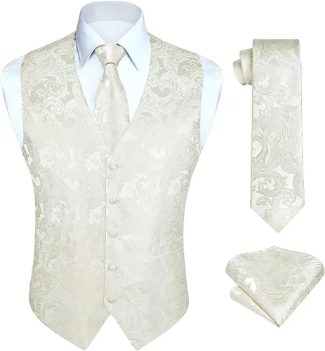 Vista 16 de HISDERN Conjunto de 3 piezas de chaleco formal para hombre, chaleco formal de cachemira floral jacquard corbata bolsillo cuadrado chalecos