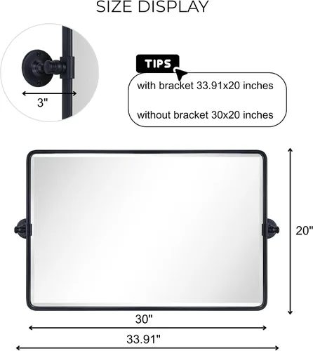 Vista 8 de TEHOME Espejo rectangular horizontal de estilo rústico con marco de metal negro y pivote redondeado para baño, espejos de tocador biselados 2-Negro