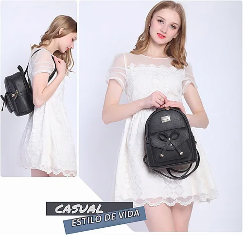 Vista 3 de Mochila pequeña para niñas y mujeres, de cuero, a la moda, para el día a día, Negro), .