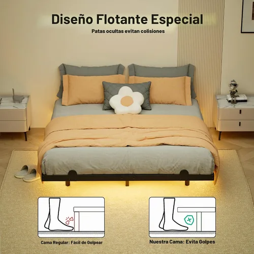 Vista 4 de LUKIROYAL Marco de cama flotante tamaño completo con luces LED inteligentes y estación de carga - Marco de cama LED moderno con luces, fácil