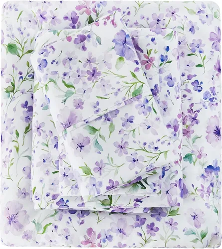 Vista 22 de Viviland Juego de sábanas tamaño matrimonial con estampado botánico de mariposas y flores rosadas y moradas, 4 piezas, sábanas de microfibra suave