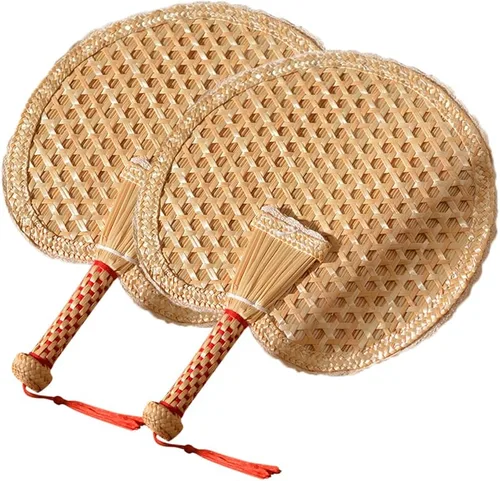 Vista 11 de Abanicos de mano de rafia de bambú natural, abanico de bambú de hoja de palmera, estilo chino, hecho a mano, diseño plegable tejido rústico