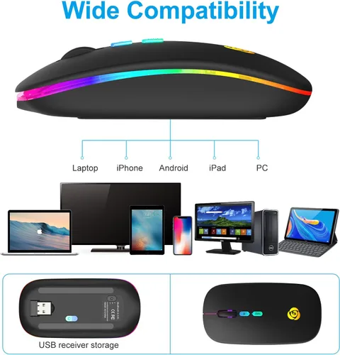 Vista 7 de CC Store Ratón Bluetooth inalámbrico LED y conexión instantánea de 2.4 GHz, recargable ultra silencioso, delgado, 3 DPI ajustables, 2 modos