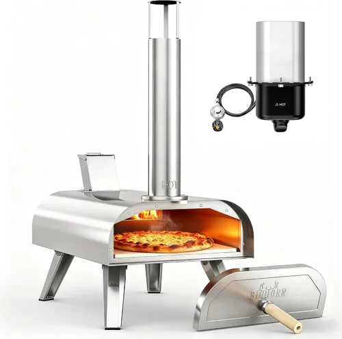 Vista 7 de BIG HORN OUTDOORS 12" Horno de piedra para pizza con leña, 475°C Horno para pizza al aire libre de acero inoxidable, portátil para uso en fiestas