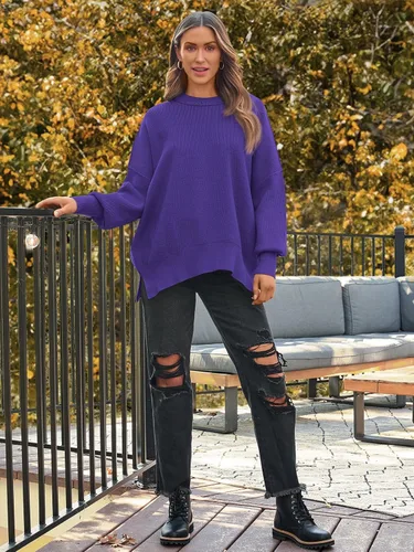 Vista 18 de Lillusory - Suéter extragrande con mangas de murciélago y cuello redondo para mujer, prenda moderna de otoño de tejido de punto sin botones