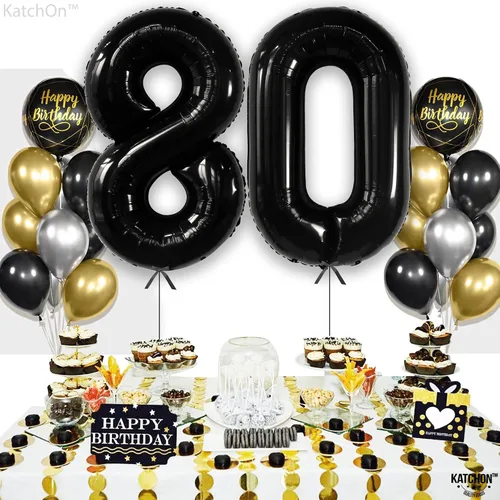 Vista 2 de KatchOn, Globos gigantes negros del número 80, 40 pulgadas, decoraciones de feliz cumpleaños 80 para mujer, globos de cumpleaños de 80 años
