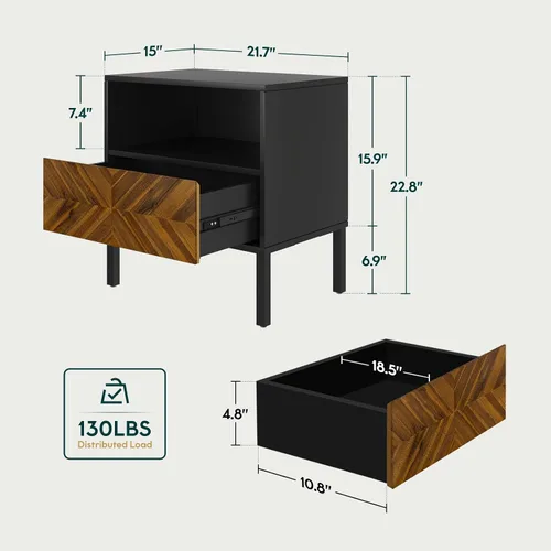 Vista 2 de Bme Vivian Mesas auxiliares para dormitorio, mesa de noche de madera maciza, mesa auxiliar moderna de mediados de siglo con cajón, patrón de espiga