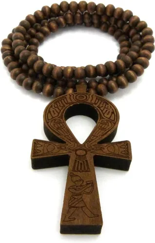 Vista 12 de Fashion 21 Colgante de cruz egipcia Ankh de 0.236 in, 27 pulgadas, collar de cuentas de madera elástico (3 colores disponibles)