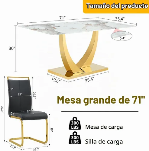 Vista 2 de Juego de mesa de comedor de mármol sintético para 6, mesas de comedor rectangulares para 6, mesa de cocina dorada y 6 sillas de piel sintética
