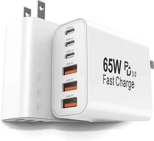 Vista 9 de FEEL2NICE Paquete de 2 bloques de cargador USB C de 65 W, bloque de carga rápida de pared de 6 puertos [3 PD USB-C y 3 QC USB-A] para iPhone 17 16