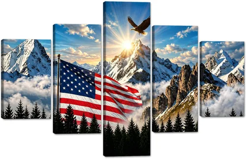 Vista 32 de 5 Pieces American Flag Wall Art Bald Eagle Mountain Patriotic Home Decor