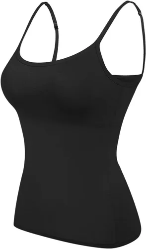 Vista 2 de Camisolas ajustables para mujer con brasier integrado, camiseta sin mangas de algodón elástico, tirantes delgados, cuello redondo