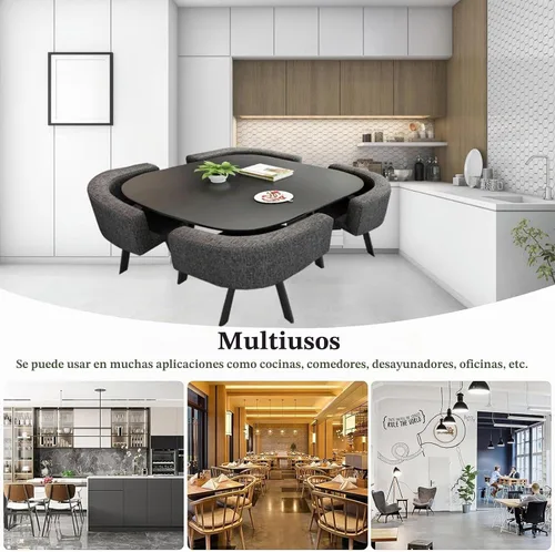 Vista 6 de Moderno juego de mesa de comedor cuadrada con 4 sillas, ahorro de espacio, fácil montaje