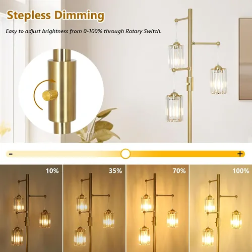 Vista 3 de Lámparas de pie de cristal dorado para sala de estar, 3 luces regulables, lámpara de pie moderna con pantalla de cristal, interruptor de atenuación