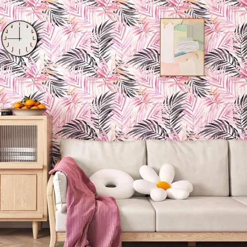 Vista 2 de Papel tapiz de hojas bohemias para despegar y pegar, papel de contacto extraíble de palmera rosa y negra para armarios, papel tapiz floral tropical