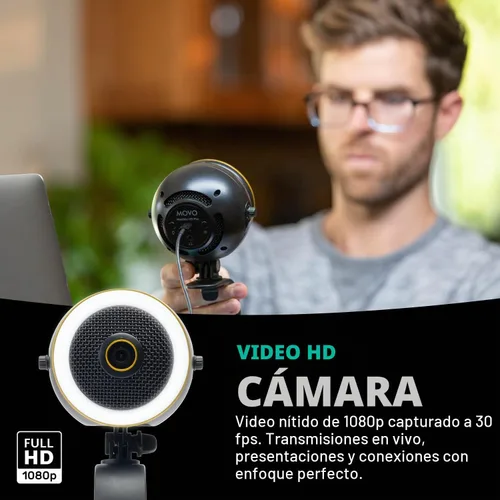 Vista 4 de Movo WebMic HD Pro - Cámara web todo en uno con micrófono y anillo de luz, cámara HD de 1080p, micrófono de condensador cardioide profesional
