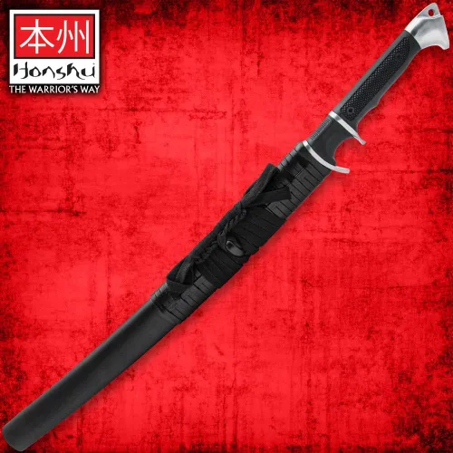 Vista 3 de HONSHU Sub-Hilt Wakizashi - Espada y funda Hoja de acero de alto carbono 1060 Mango TPR y protector de acero al carbono Funda de madera