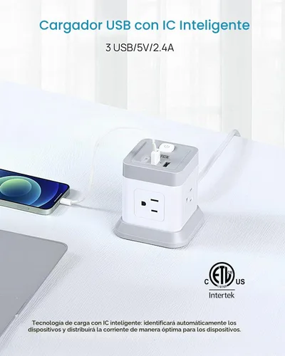 Vista 3 de BEVA Regleta de alimentación con USB - Estación de carga de escritorio con cable de extensión de 5 pies de largo, cubo de regleta con 4 tomas