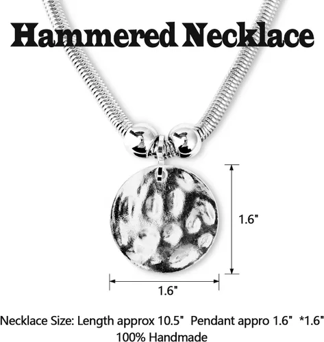 Vista 2 de Juego de collar de metal martillado plateado con cierre de mosquetón, collares gruesos con círculo de moneda de disco para mujer, collar de verano