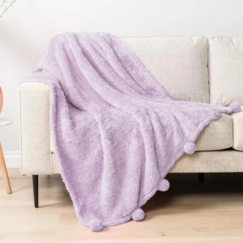 Vista 8 de PAVILIA Manta de sherpa negra para sofá, cálida manta de felpa con pompones, manta mullida para sofá, ligera, suave y acogedora con pompones, 50 x