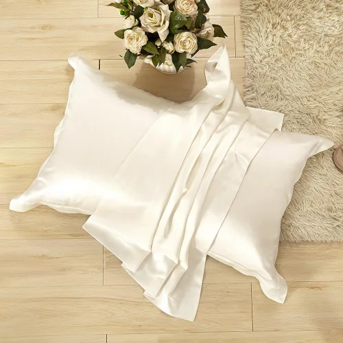 Vista 3 de LilySilk Juego de ropa de cama de seda de 4 piezas de seda de morera de 25 Momme, tamaño Queen, marfil, 1 sábana bajera, 1 sábana encimera, 2 fundas