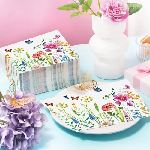 Vista 6 de Teling 100 servilletas de papel florales, 3 capas desechables para invitadas/servilletas de cóctel, servilletas de fiesta de flores silvestres