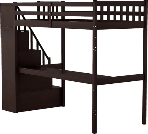 Vista 5 de Cama individual con escalera de 3 almacenajes y escritorio integrado, marco de cama de madera maciza que ahorra espacio para niños, niñas