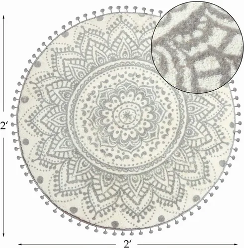 Vista 2 de Uphome Alfombra Redonda Pequeña de 2' Boho Beige y Gris Alfombra de Baño con Pompones y Flecos Lavable Mandala Círculo Tapete de Ducha Suave Mandala
