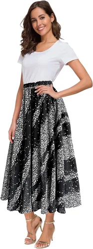 Vista 23 de Afibi Falda de gasa con estampado floral de cintura alta para mujer, estilo swing, de playa, midi, larga con bolsillos Negro