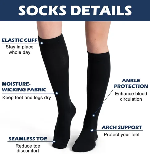 Vista 4 de (3 pares) Calcetines de compresión 20-30 mmHg, calcetines largos hasta la rodilla para mujeres y hombres, soporte atlético, para viajes y uso diario
