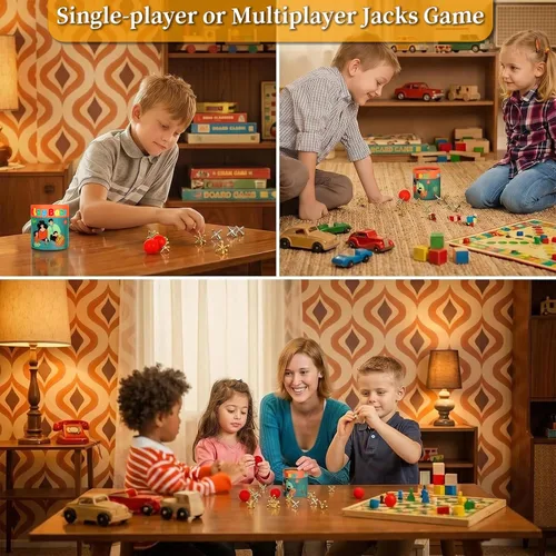 Vista 4 de Juego de Jacks con Pelota, Juego Retro Vintage de Jax para Niños y Adultos, Juegos de Mesa Clásicos con 10 Jacks de Metal y 2 Pelotas de Goma Rojas