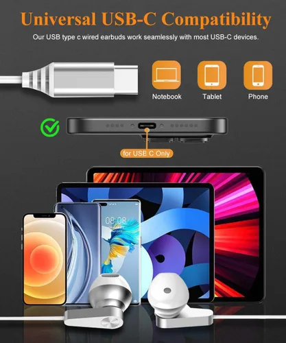 Vista 7 de Auriculares USB C, auriculares magnéticos USB-C con cable, auriculares estéreo de alta fidelidad tipo C con micrófono de control de volumen