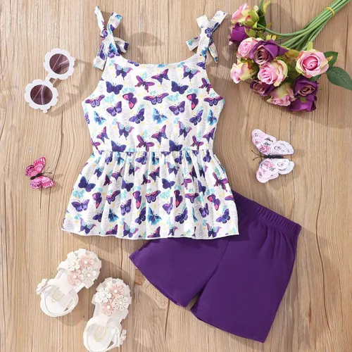 Vista 3 de zarmfly Conjunto de ropa de verano para niñas pequeñas, conjunto de 2 piezas con nudo de corbata, hombros descubiertos, sin mangas, con volantes