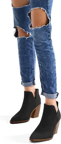 Vista 5 de mysoft Botines de tobillo para mujer sin cordones con recortes, puntera puntiaguda, tacón grueso apilado medio Negro (black Nubuck)
