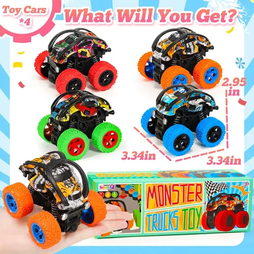Vista 5 de SevenQ Monster Truck - Juguetes de coches para niños, paquete de 4 coches de carreras, recuerdos de fiesta para niños, empujar y avanzar, coches