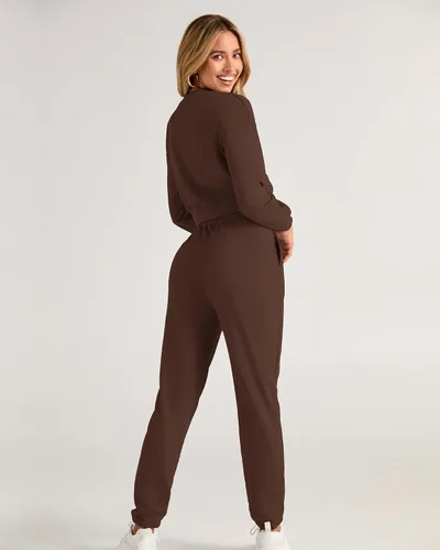 Vista 84 de BTFBM Conjunto deportivo de 2 piezas para mujer, camiseta corta de manga larga, sin botones, pantalón con cordón ajustable, pantalones deportivos