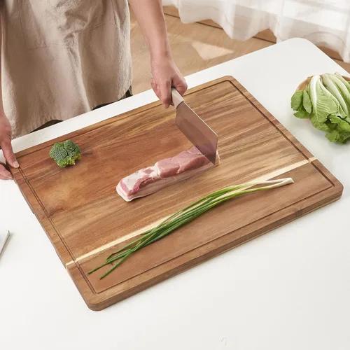 Vista 7 de Tabla de cortar extragrande de madera de acacia con asas, bloque de cortar de cocina con ranura para jugo, tabla de bloque de carnicero, tabla