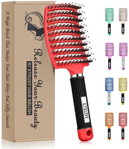 Vista 8 de KTKUDY Cepillo para desenredar con cerdas de jabalí, cepillo para hacer el cabello más brillante y saludable, cepillo desenredante curvo y ventilado
