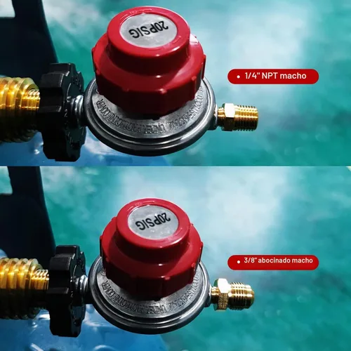 Vista 7 de Válvula Reguladora de Propano Ajustable 0 a 20 PSI Kit de Conversión de Manguera LP. Adaptador POL macho de entrada con salida de 1/8" NPT macho a