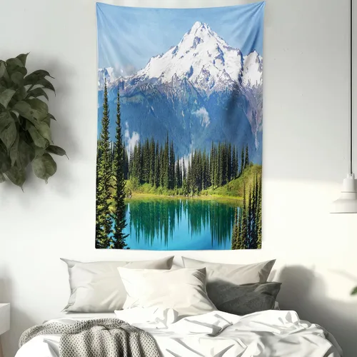 Vista 7 de Ambesonne Tapiz de paisaje, lago y pico glaciar nevado en Estados Unidos, ilustración de bosque de pinos altos, colgante de pared para dormitorio