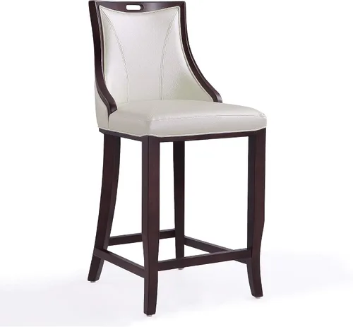 Vista 14 de Manhattan Comfort Emperor Taburetes de bar de cuero vegano con respaldo, acolchado de espuma y marco de madera de haya maciza, taburete de bar bronce