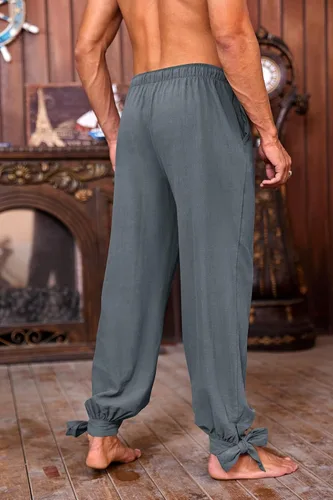 Vista 2 de Pantalones de lino pirata para hombre, medieval, vikingo, para disfraz de navegante, renacentista, con cordones, pantalones de cosplay